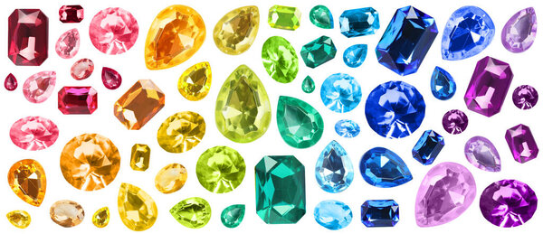 Set of bright gemstones isolated on white. Banner design