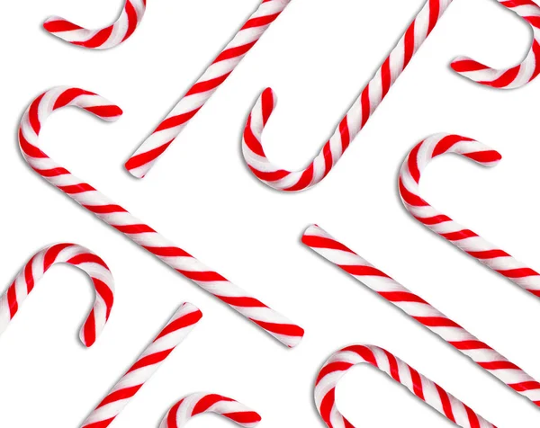 Patroon Van Kerstmis Snoepgoed Stokken Witte Achtergrond Bovenaanzicht — Stockfoto