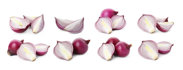 Set Red Cut Whole Onion White Background Banner Design — Stock Photo, Image