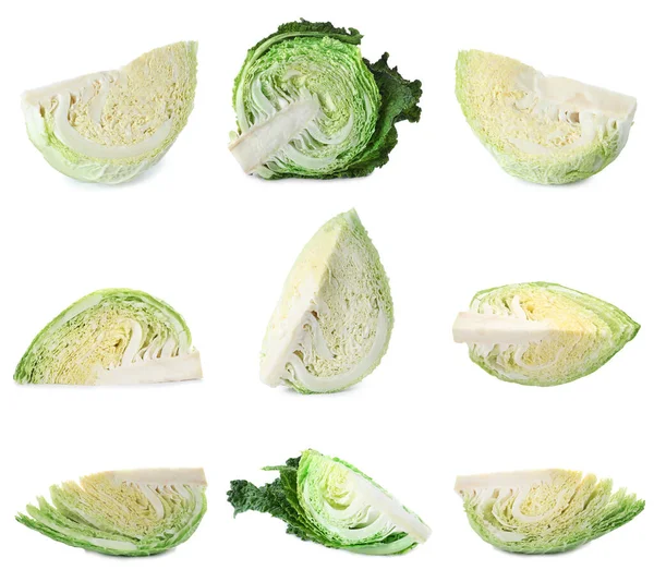 Set Fresh Cut Savoy Cabbages White Background — Stock Photo, Image