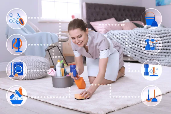 Cleaning service related icons and chambermaid removing dirt from carpet