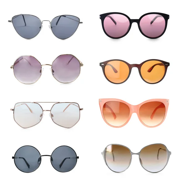 Collage Con Diferentes Gafas Sol Con Estilo Sobre Fondo Blanco —  Fotos de Stock