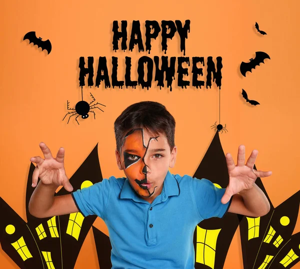Feliz Diseño Tarjetas Felicitación Halloween Niño Con Cara Pintada Sobre —  Fotos de Stock