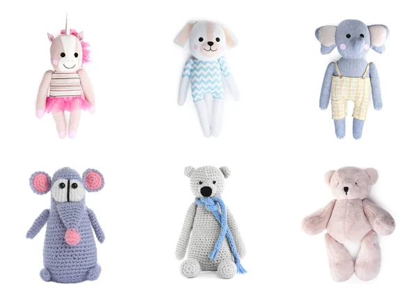 Set of different stuffed toys for kids on white background