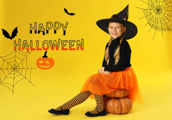 Joyeux Halloween Conception Carte Voeux Petite Fille Mignonne Avec Des — Photo