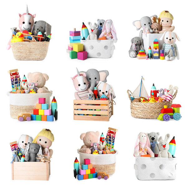 Набор деревянных игрушек для детей на белом фоне