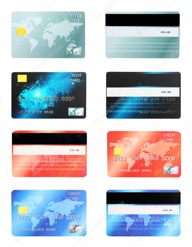 Set of modern credit cards on white background, front and back views