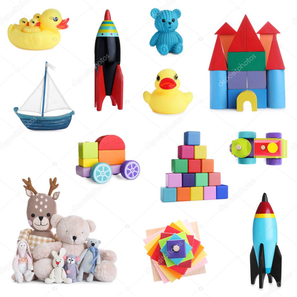 Set of different toys for kids on white background