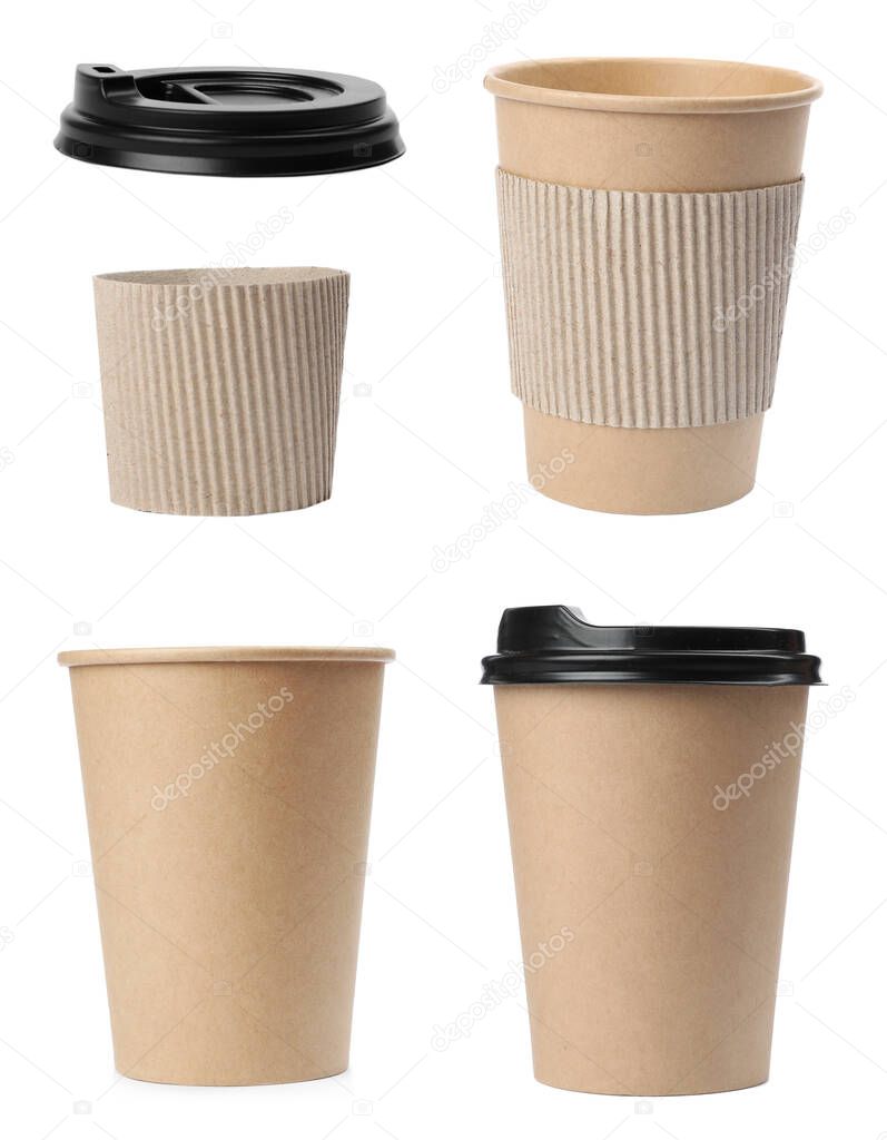 Set of paper coffee cups on white background