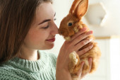 Mladá žena s rozkošným králíkem uvnitř, zblízka. Krásný mazlíček