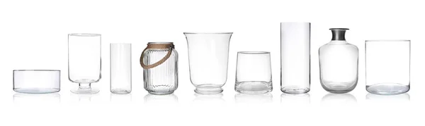白色背景上的一组空玻璃瓶 条幅设计 — 图库照片