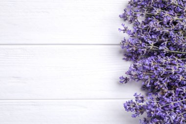 Beyaz ahşap zemin üzerinde güzel lavanta çiçekleri, düz bir zemin. Metin için boşluk