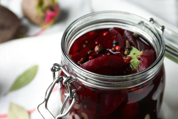 Pickled Beets Glass Preserving Jar Table Closeup — Stock Photo, Image