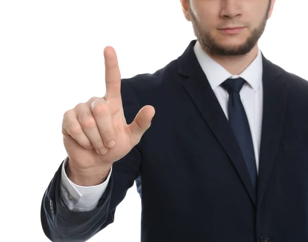 Businessman Touching Something White Background Focus Hand — Stock Photo, Image