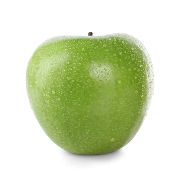 Pomme Verte Juteuse Fraîche Avec Gouttes Eau Isolées Sur Blanc — Photo