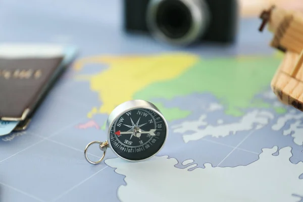 Compass Different Items World Map Trip Planning — Stock Photo, Image