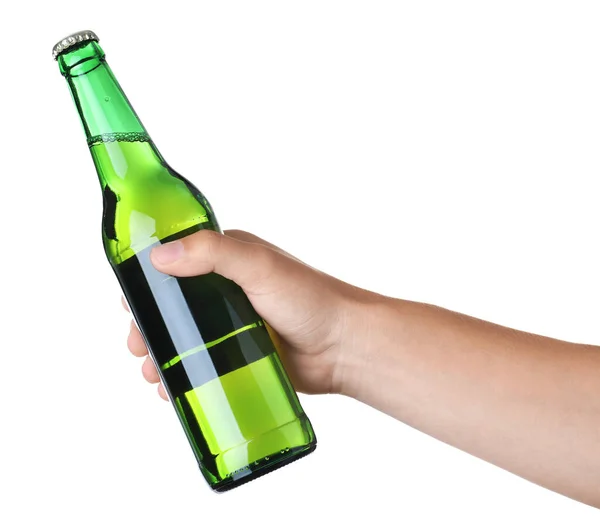 Man Met Groene Fles Met Bier Witte Achtergrond Close — Stockfoto