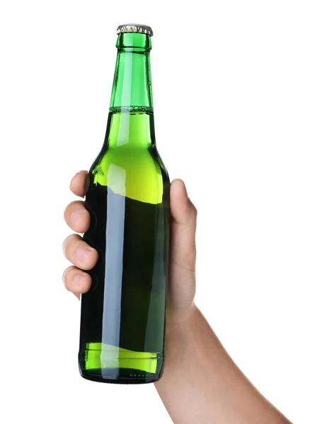 Man Met Groene Fles Met Bier Witte Achtergrond Close — Stockfoto