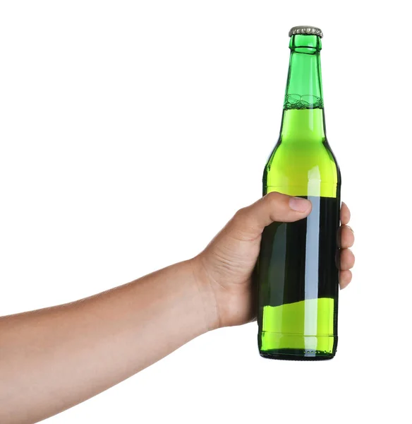 Man Met Groene Fles Met Bier Witte Achtergrond Close — Stockfoto