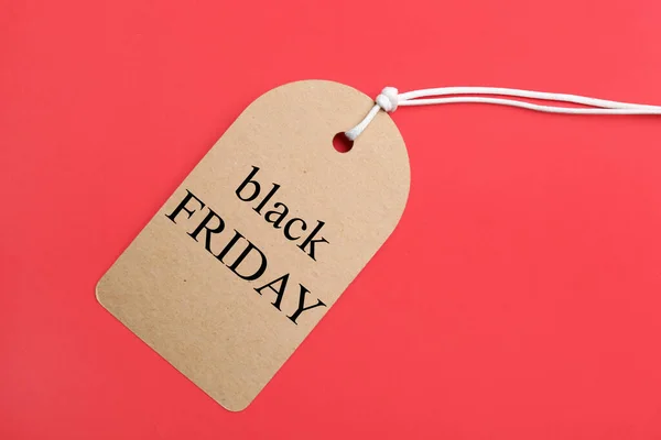 Címke Szavakkal Black Friday Piros Háttér Felső Nézet — Stock Fotó