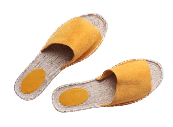 Sapatos Amarelos Elegantes Isolados Branco Vista Superior Acessório Praia — Fotografia de Stock