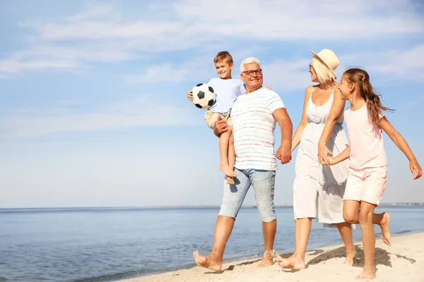 Niedliche Kleine Kinder Mit Großeltern Verbringen Zeit Zusammen Strand — Stockfoto