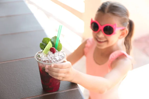 Girl Delicious Refreshing Drink Outdoors Focus Plastic Cup Stock Image