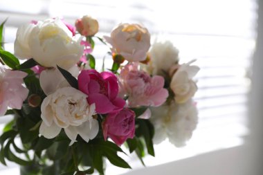 Pencere kenarındaki güzel şakayıkların yakın görüntüsü.