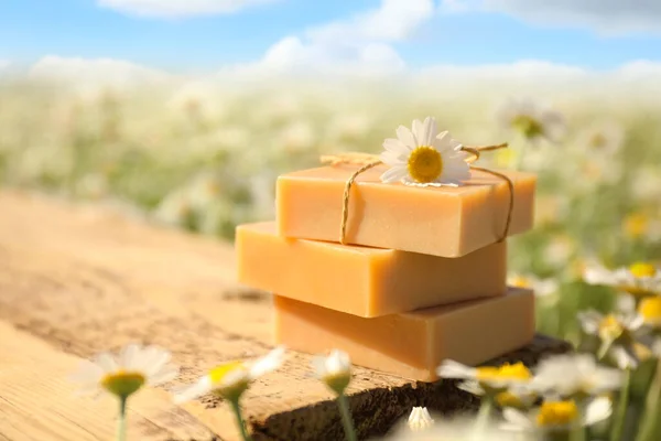 Bars Soap Wooden Table Chamomile Field — Stock Photo, Image