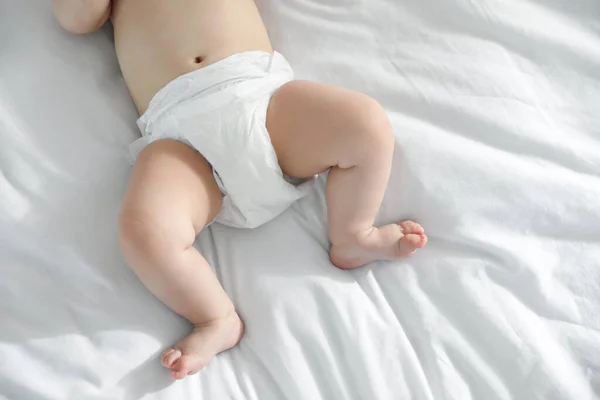 Little Baby Diaper Lying Bed Home Closeup View — Stock Photo, Image