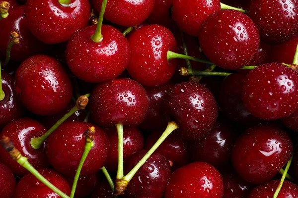 Cerezas Rojas Dulces Con Gotas Agua Como Fondo Primer Plano — Foto de Stock