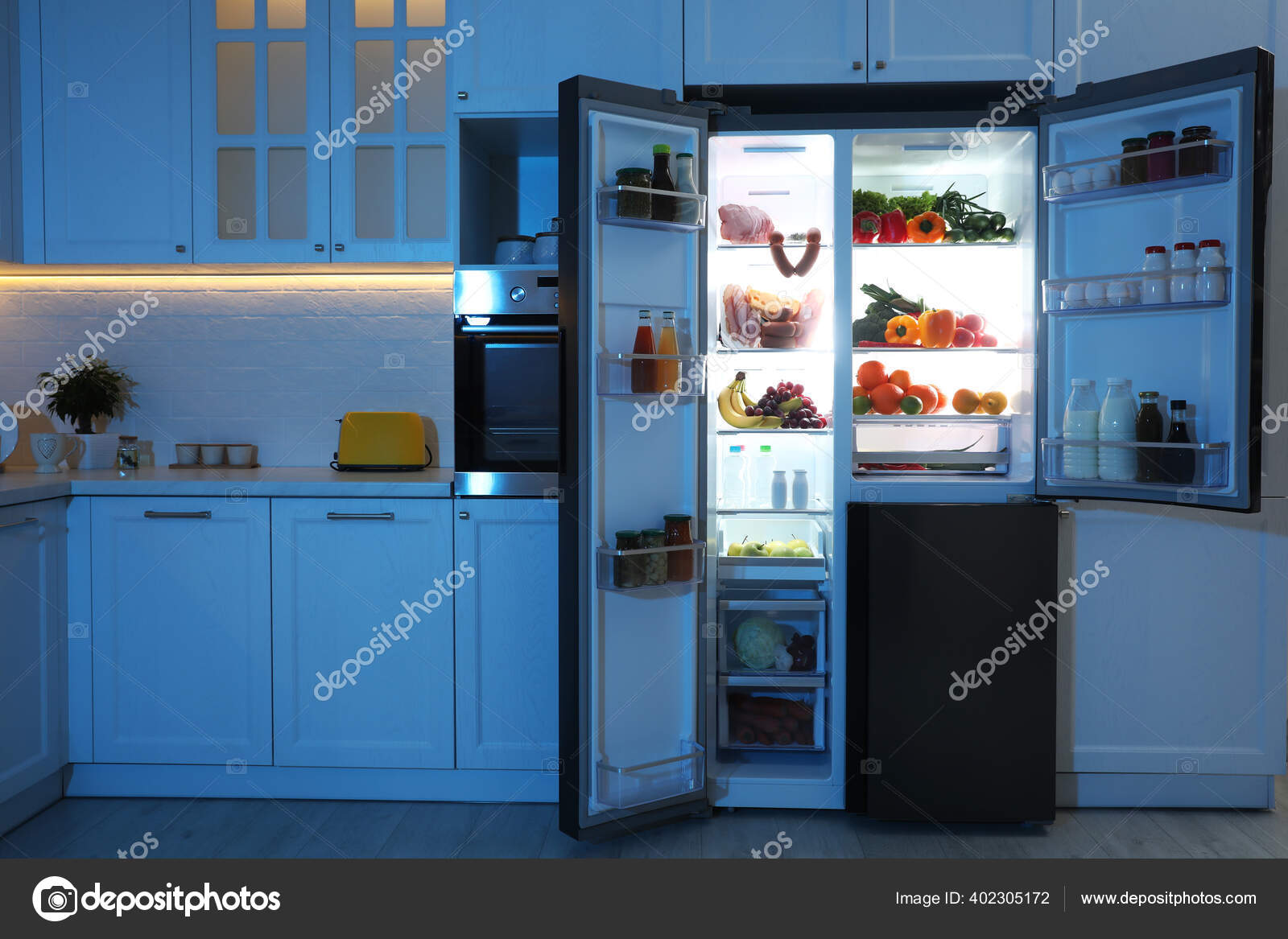 Open Refrigerator Filled Food Kitchen Night — Stock Photo © NewAfrica  #402305172, image size:1600x1167