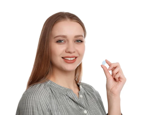 Молодая Женщина Витаминами Таблетки Белом Фоне — стоковое фото