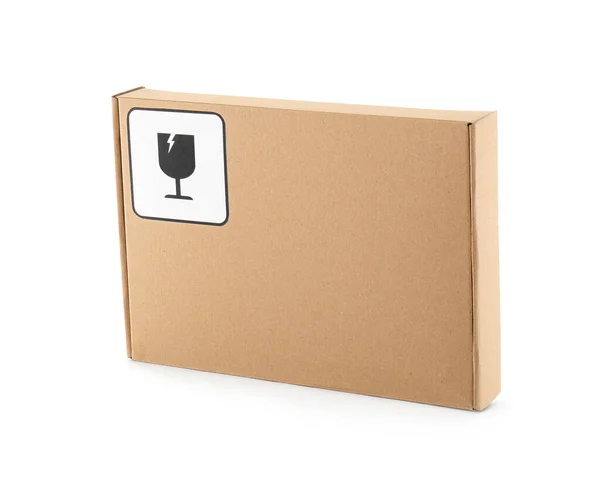 Caja Cartón Con Símbolo Embalaje Aislado Blanco Entrega Paquetes —  Fotos de Stock