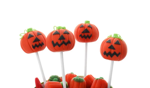 Delicioso Pastel Jack Lantern Aparece Fondo Blanco Temporada Halloween —  Fotos de Stock