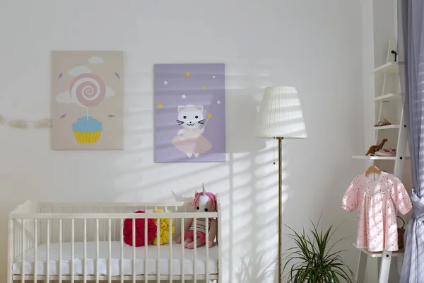 Baby Room Interior Cute Posters Comfortable Crib — Stock Photo, Image