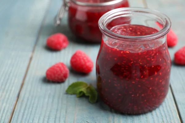 Delicious Jam Fresh Raspberries Light Blue Wooden Table Closeup — Stock Photo, Image