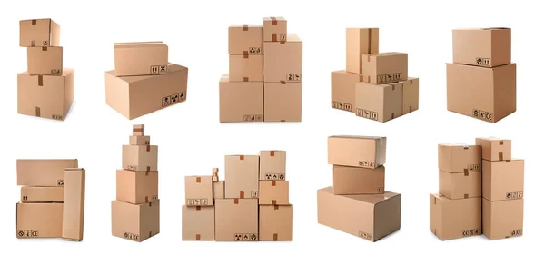 Uppsättning Paket Med Olika Förpackningssymboler Vit Bakgrund Banner Design — Stockfoto