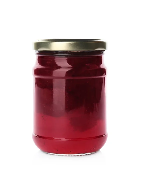 Vaso Vetro Con Marmellata Fragole Isolato Bianco Decapaggio Conservazione — Foto Stock