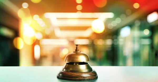 Light table with hotel service bell on blurred background. Banner design