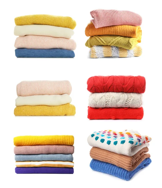Conjunto Suéteres Plegados Apilados Sobre Fondo Blanco — Foto de Stock