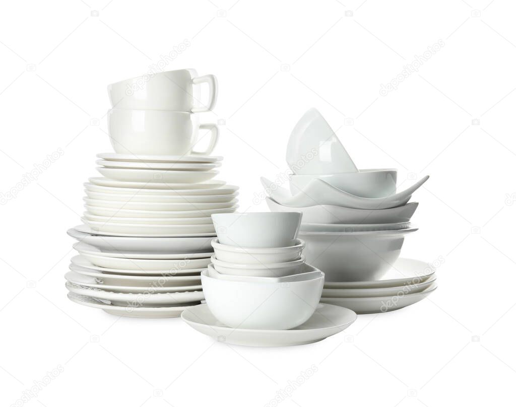 Set of clean dishware isolated on white