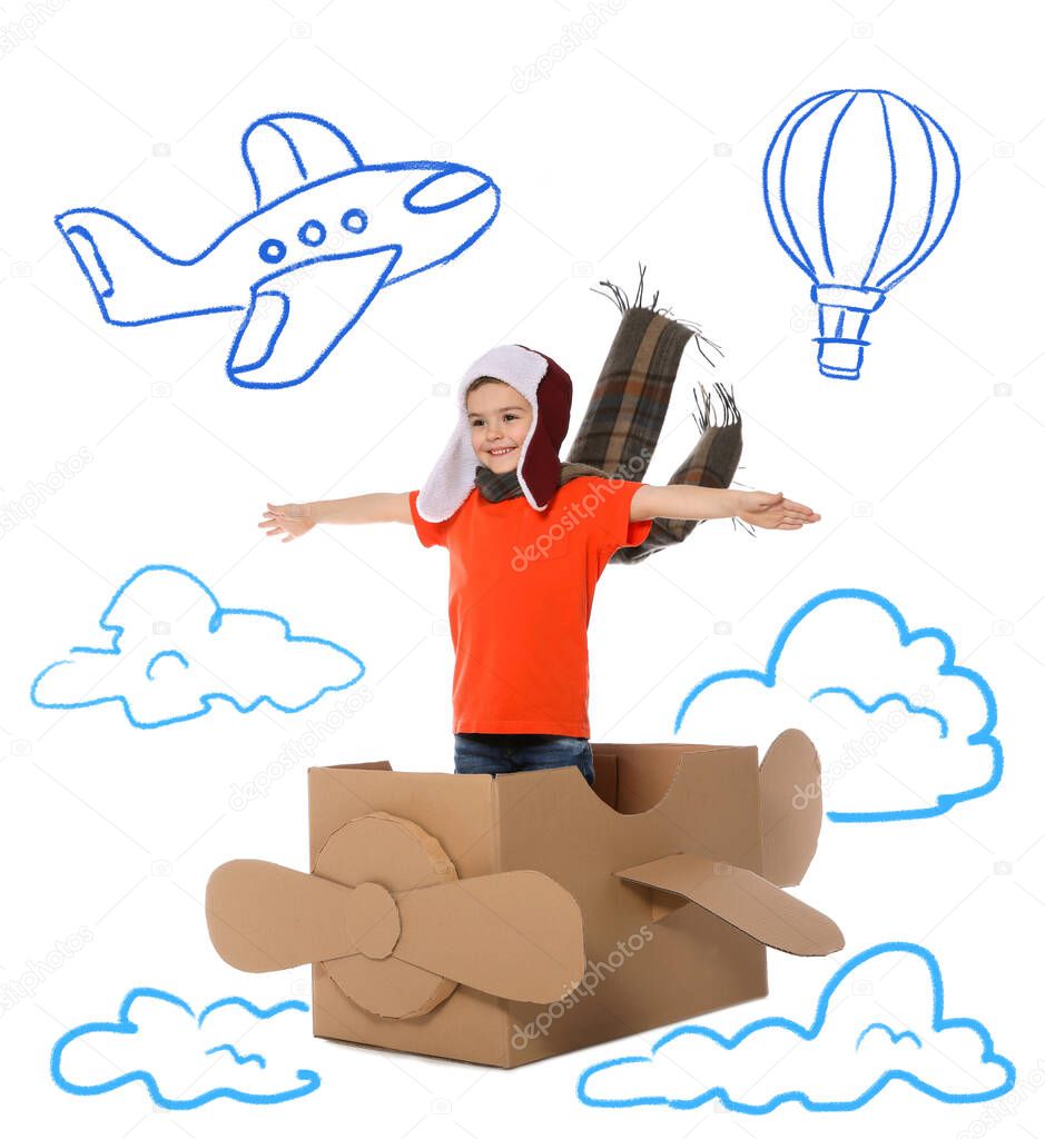 Cute little child playing in cardboard airplane on white background with illustrations