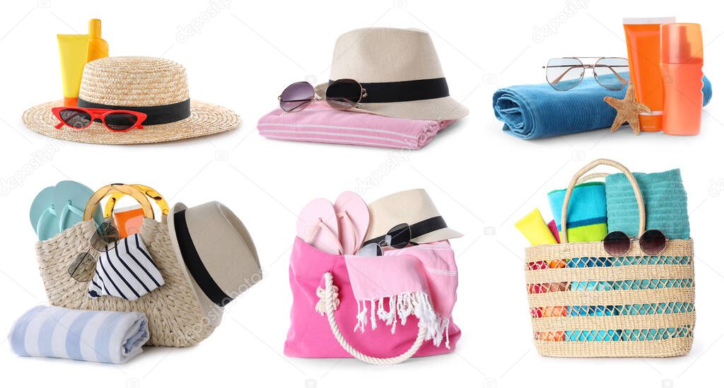 Set of beach objects on white background, banner design
