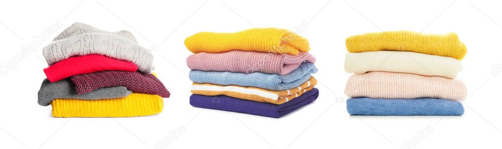 Set of folded and stacked sweaters on white background. Banner design