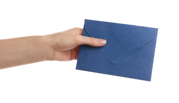 Woman Holding Blue Paper Envelope White Background Closeup — Stock Photo, Image