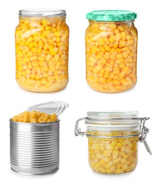 Beyaz arka planda lezzetli konserve mısırla ayarlanmış.