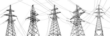 Yüksek voltaj kuleleri olan kolaj beyaza izole edilmiş. Elektrik güç iletimi