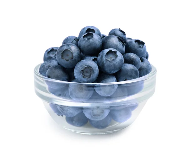 Blueberry Segar Matang Dalam Mangkuk Kaca Latar Belakang Putih — Stok Foto
