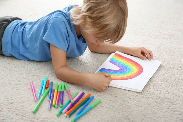 Little Boy Drawing Rainbow Floor Indoors Stay Home Concept — Stock Photo, Image